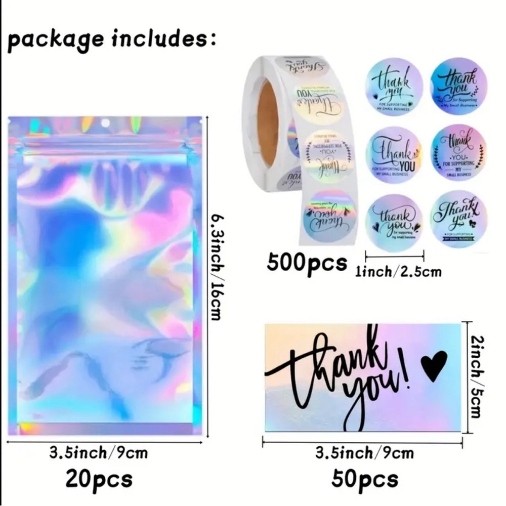 570 PCS Holographic Thank You Cards/ Bags/Stickers New - Picture 2 of 3